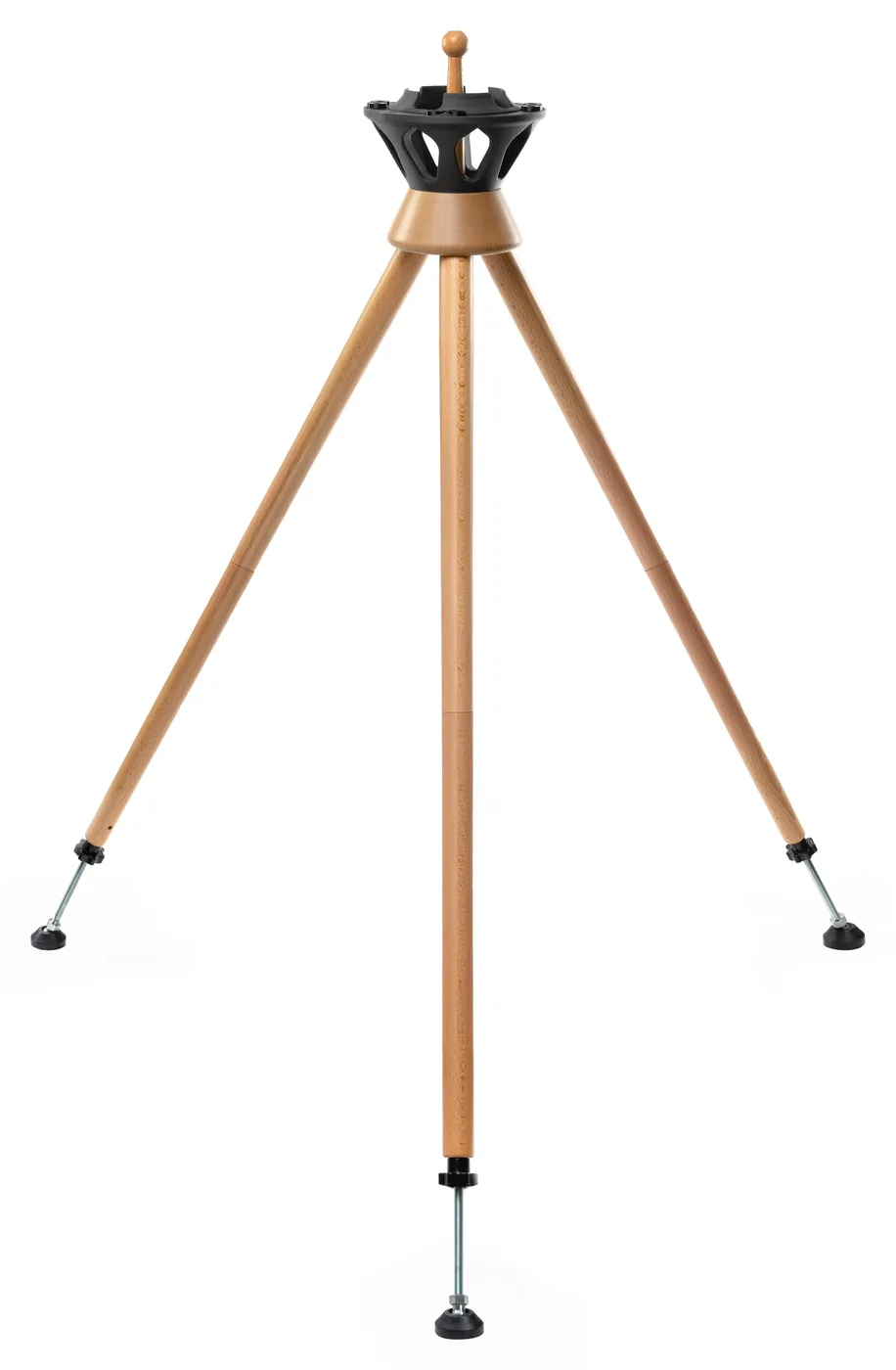 Le même trépied Atlas All en bois clair équipé de ses rallonges, sur fond blanc : les jambes sont deux fois plus longues, en position haute.