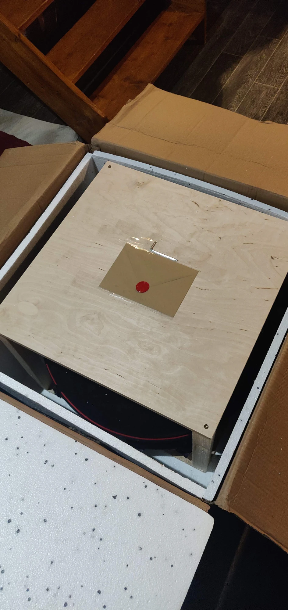 Vue plongeante sur le carton ouvert : le calage en polystyrène blanc et, à l’intérieur, une caisse en contreplaqué clair fermée par des vis apparentes aux coins. Sur le couvercle, glissée dans une pochette plastique de protection, une enveloppe kraft fermée par un cachet de cire rouge. Par l’interstice sous le couvercle, on aperçoit la housse noire et son liseré rouge.